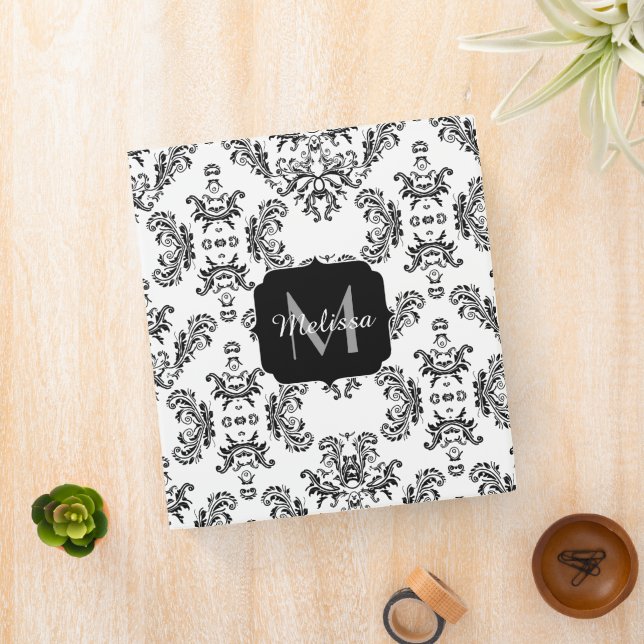 White and Black vintage damask pattern Monogram Binder (In Situ)