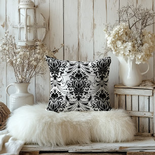 White and Black Vintage Ornamental Damask Pattern Throw Pillow