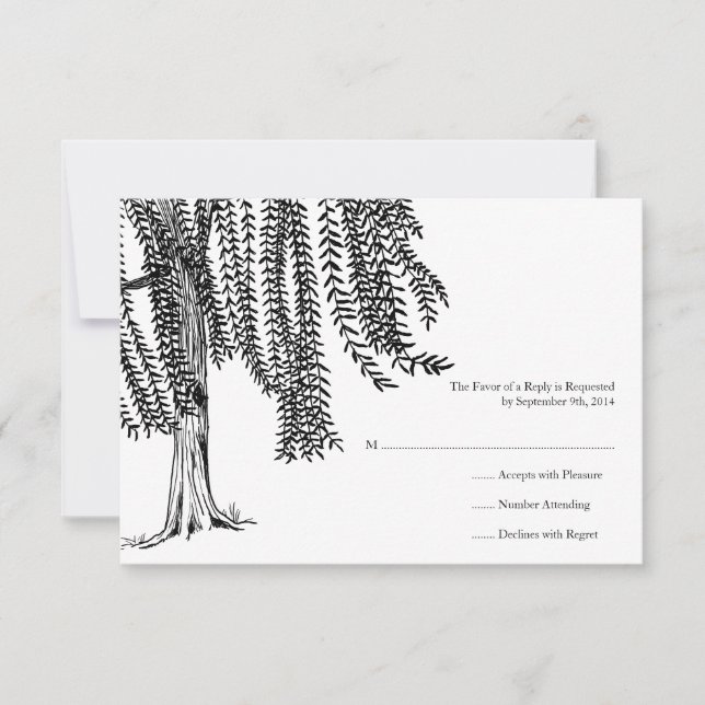 White and Black Willow Tree Wedding RSVP Card (Front)