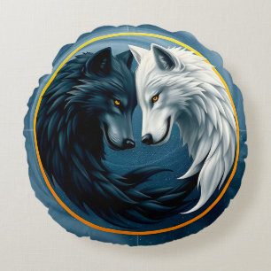 White and Black Wolves Representing Yin and Yang Round Pillow
