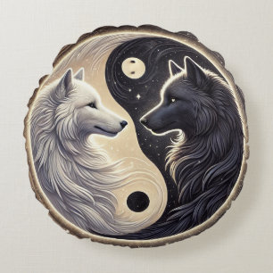 White and Black Wolves Representing Yin and Yang Round Pillow