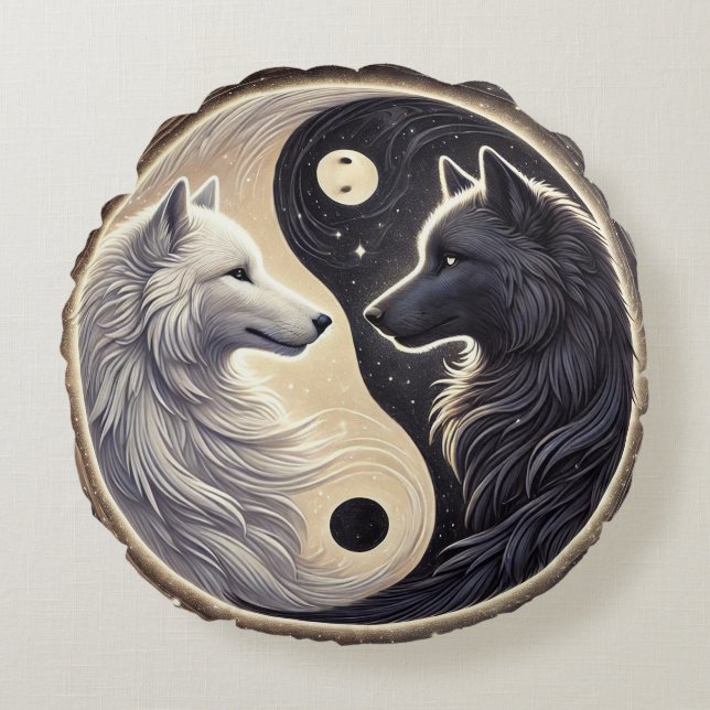 White and Black Wolves Representing Yin and Yang Round Pillow (Front)