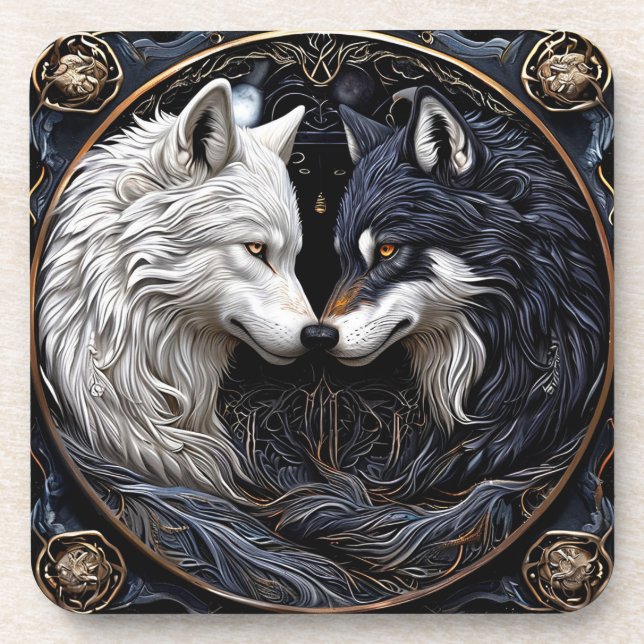White and Black Wolves Symbolizing Duality Coaster (Front)