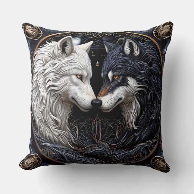 White and Black Wolves Symbolizing Duality Throw Pillow (Front)