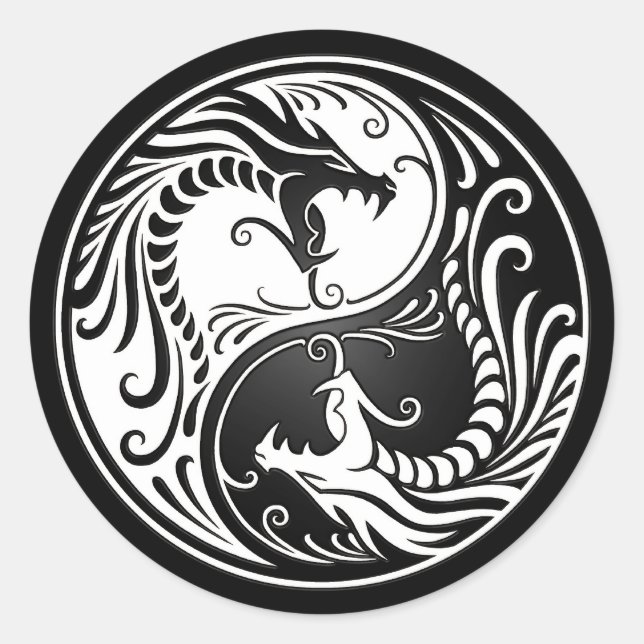 White and Black Yin Yang Dragons Classic Round Sticker (Front)