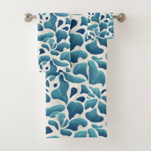 White and Blue Abstract Leaves   Coastal Pattern Bath Towel Set
