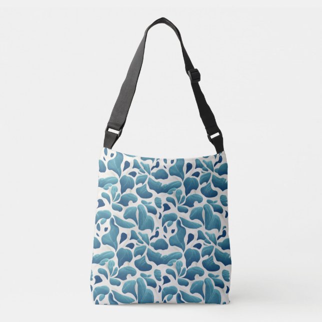 White and Blue Abstract Leaves | Coastal Pattern Crossbody Bag (Front)