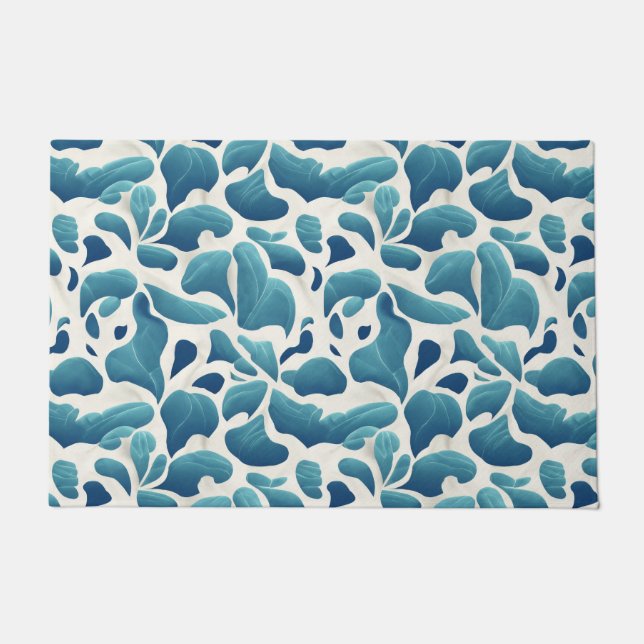 White and Blue Abstract Leaves | Coastal Pattern Doormat (Front)