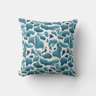 White and Blue Abstract Leaves Coastal Pattern Throw Pillow