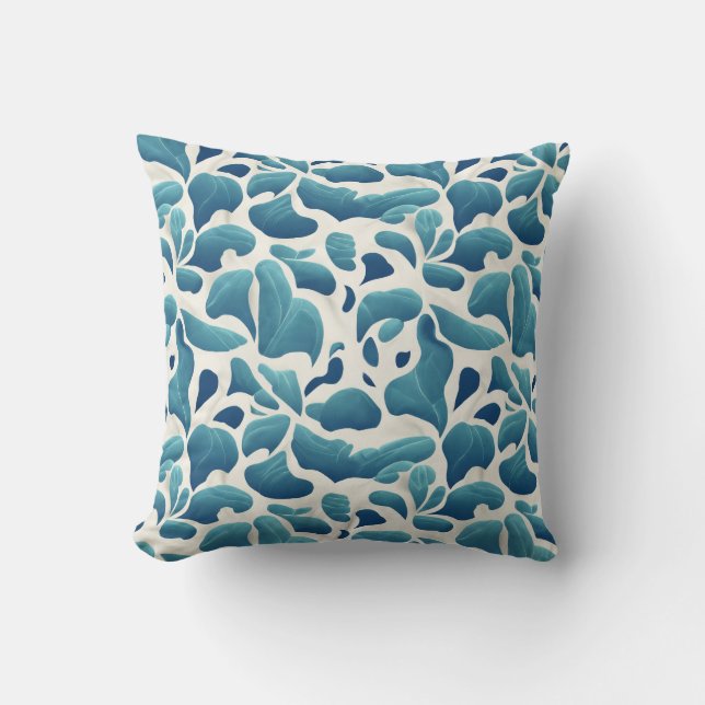 White and Blue Abstract Leaves | Coastal Pattern Throw Pillow (Front)