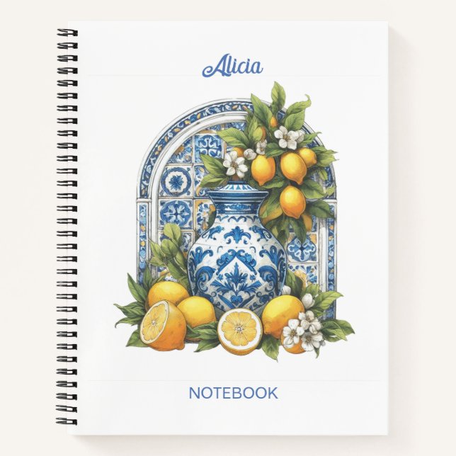 White and Blue Amalfi Ceramic Vase Lemons Italy Notebook (Front)