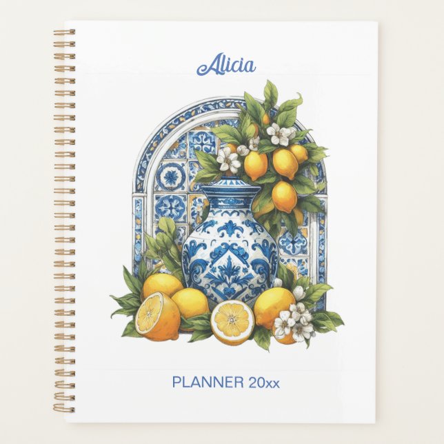 White and Blue Amalfi Ceramic Vase Lemons undated  Planner (Front)