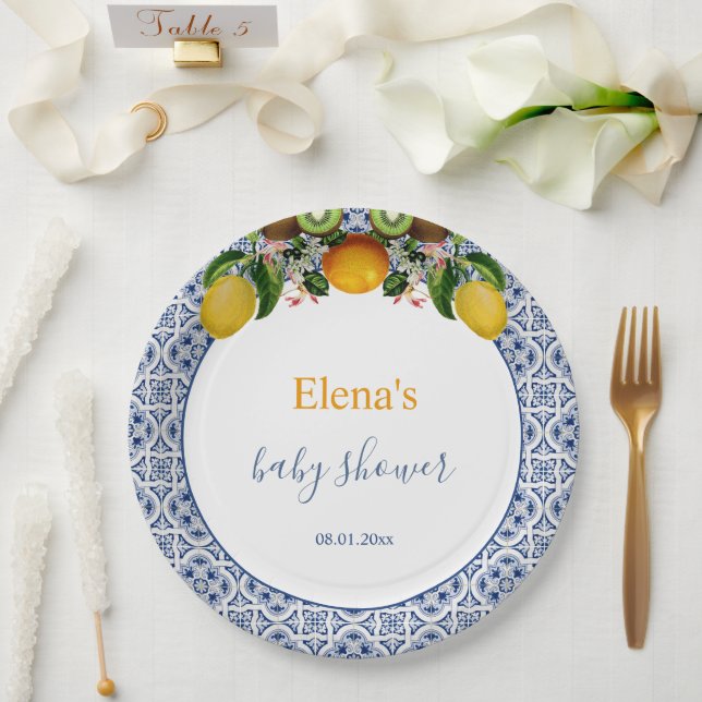 White and Blue Amalfi Lemons Italy Baby Shower  Paper Plate (Wedding)