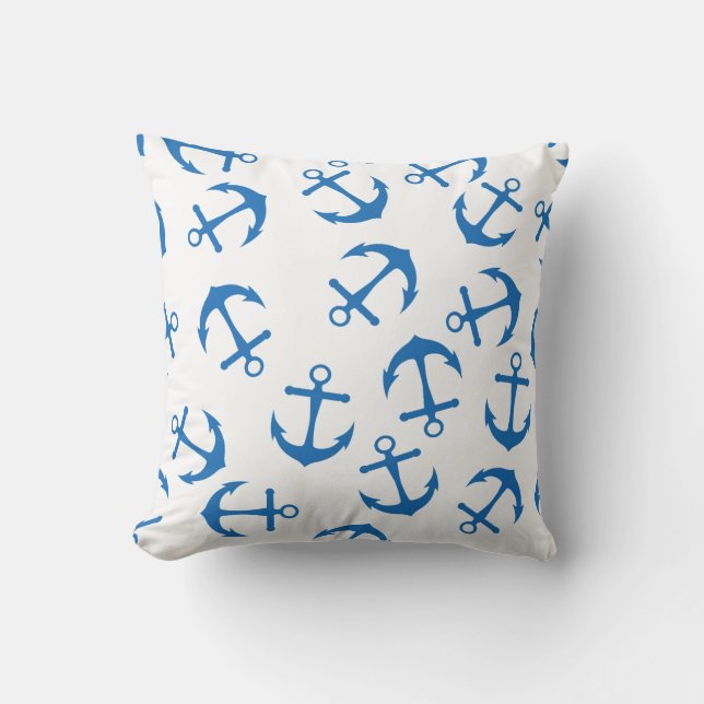  White and Blue Anchor Design Throw Pillow (Front)