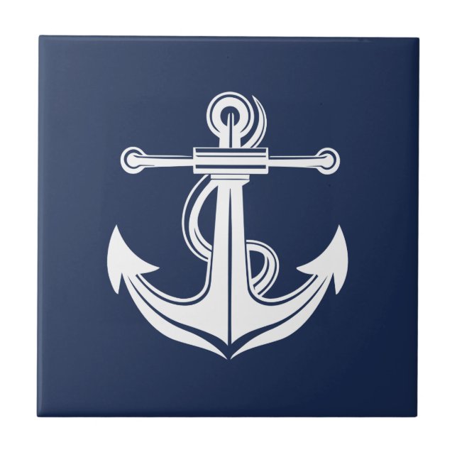 White and Blue Anchor Nautical Beach Tile (Front)