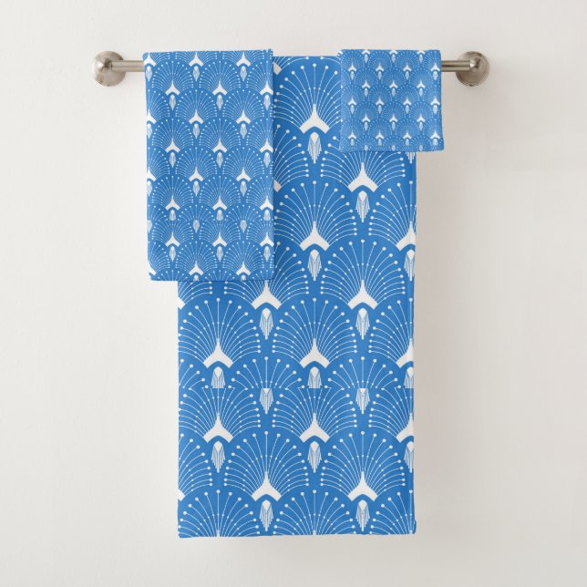 White and blue art-deco pattern bath towel set (Insitu)