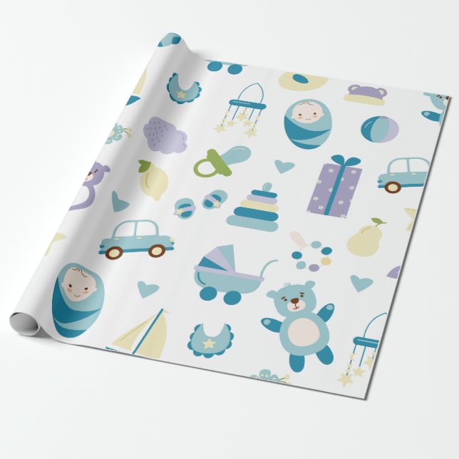 White and blue Baby shower gift Wrapping Paper (Unrolled)