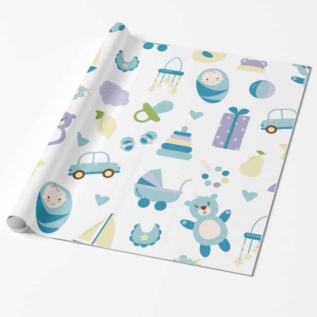White and blue Baby shower gift Wrapping Paper (Unrolled)