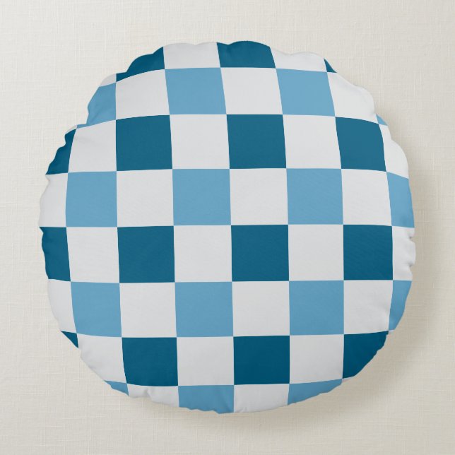 White And Blue Chequerboard Pattern  Round Pillow (Front)