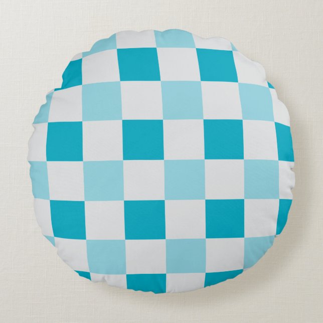 White And Blue Chequerboard Pattern Round Pillow (Front)