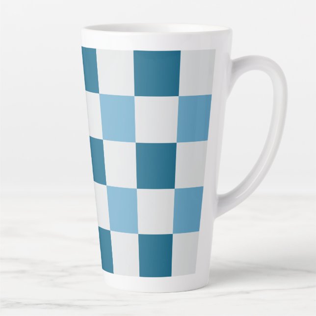 White And Blue Chequerboard Pattern  Square Sticke Latte Mug (Right)