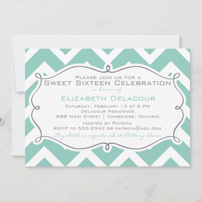 White and Blue Chevron Sweet Sixteen Invitation (Front)