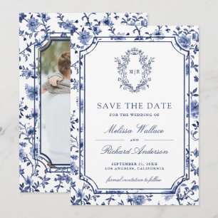 White and Blue Chinoiserie Crest Photo Wedding Save The Date