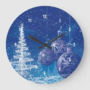 White And Blue Christmas Illustration Large Clock