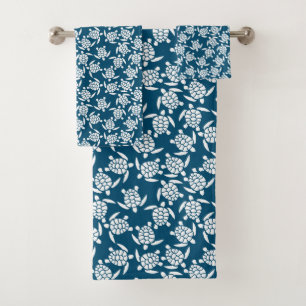 White and Blue Coastal Style Turtle Pattern Bath Towel Set