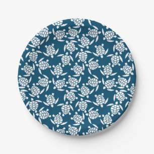 White and Blue Coastal Style Turtle Pattern Paper Plate