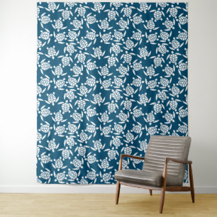 White and Blue Coastal Style Turtle Pattern Tapestry