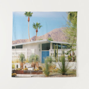 WHITE AND BLUE CONCRETE BUILDING NEAR GREEN TREES  TAPESTRY