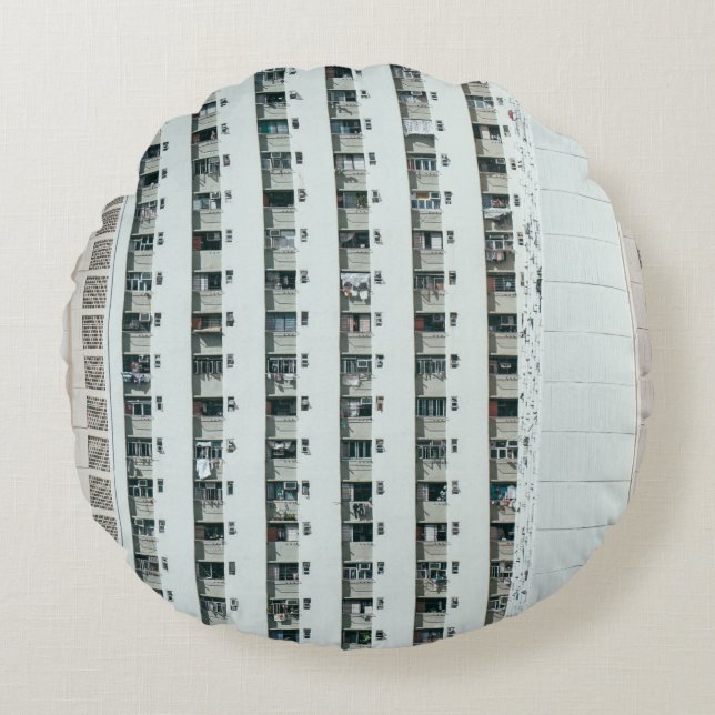 WHITE AND BLUE CONCRETE BUILDING ROUND PILLOW (Front)