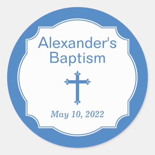White and Blue Cross Baptism Round Sticker (Front)