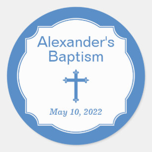 White and Blue Cross Baptism Round Sticker