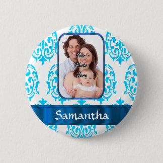 White and blue damask 2 inch round button