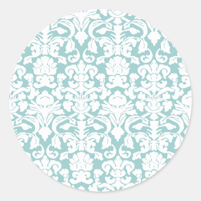 White and Blue Damask Classic Round Sticker (Front)