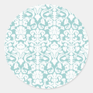 White and Blue Damask Classic Round Sticker
