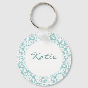 White and Blue Damask Keychain