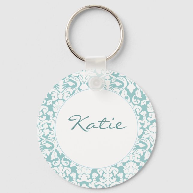 White and Blue Damask Keychain (Front)