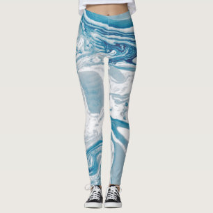 White and Blue Faux Marble Modern Leggings