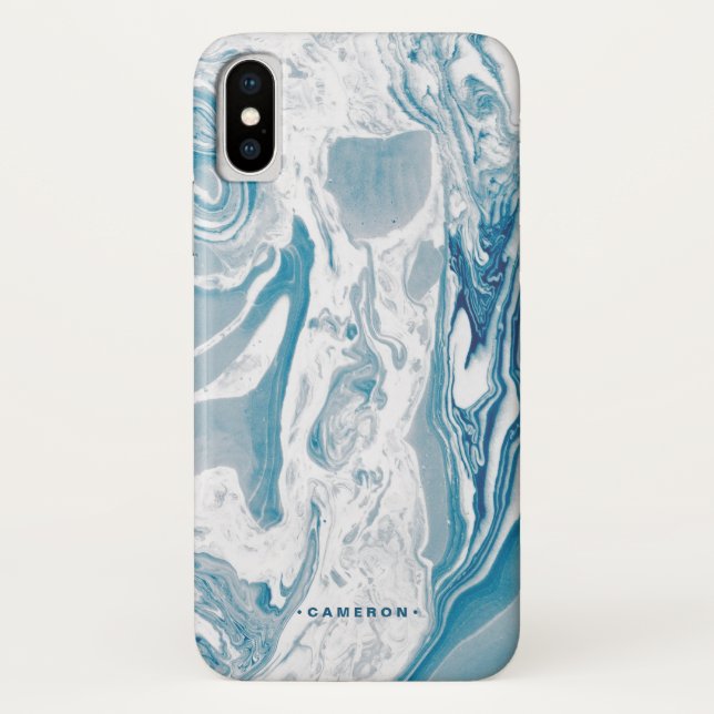 White and Blue Faux Marble Modern Personalized Case-Mate iPhone Case (Back)