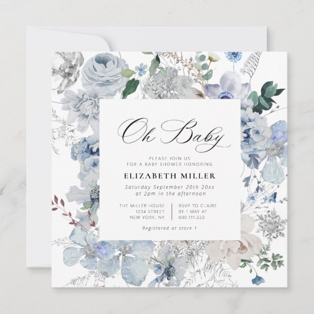White and blue floral baby shower invitation (Front)