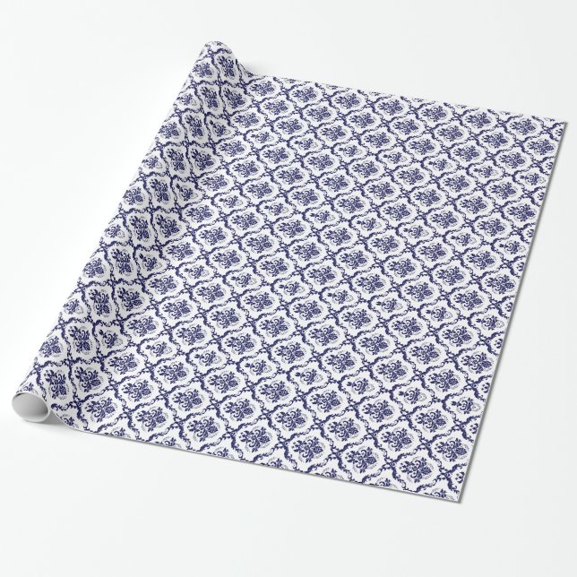 White And Blue Floral Damasks 4 Pattern Wrapping Paper (Unrolled)
