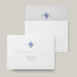 White and Blue Floral Monogram Wedding Envelope