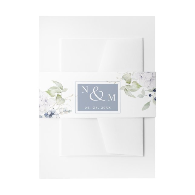 White and Blue Floral, Monogram Wedding Invitation Belly Band (Front Example)
