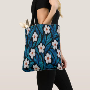 White and Blue Floral  Tote Bag