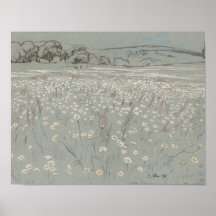 White and blue flower field vintage art print