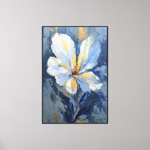 White and Blue Flower with Gold Accents – Abstract Canvas Print