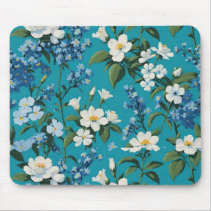 White and Blue Flowers with Teal background Floral Mouse Pad